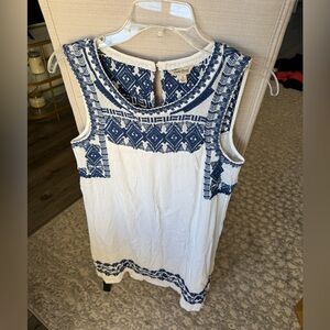 Lucky Brand Blue and White Embroidered Boho Sleeveless Linen Shift Dress, S